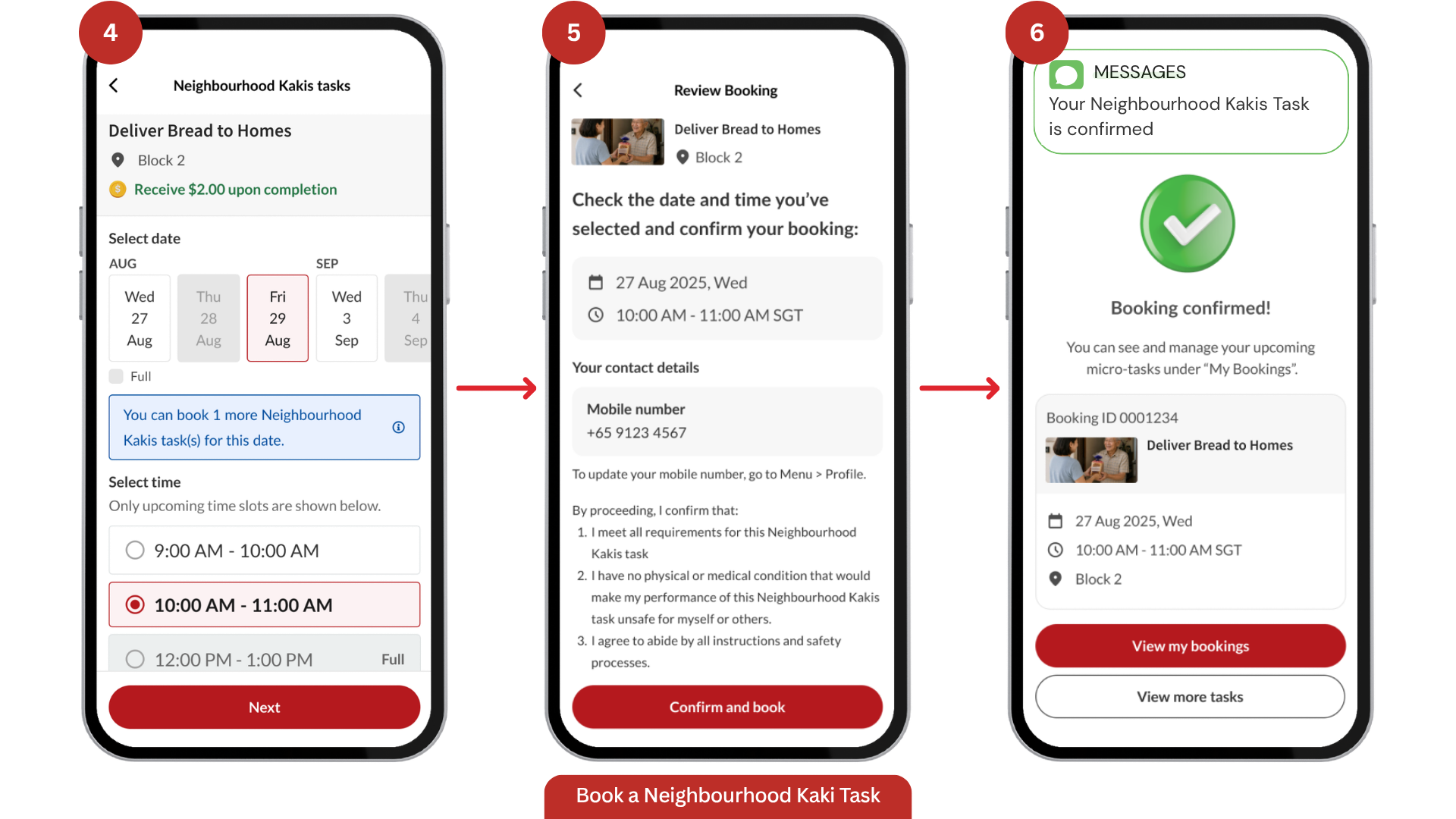 Three phone screens for Book a Neighbourhood Kaki Task (steps 4-6): date and time selection with Next button, booking summary with Confirm and book button, and booking confirmed screen with confirmation SMS.